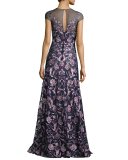 Cap-Sleeve Embroidered Floral Mesh Gown, Navy/Purple