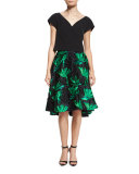 High-Waist Floral Leaf Skirt, Green/Black