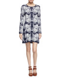 Lace-Print Jacquard Dress, Navy