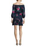 Marx Floral-Print Off-the-Shoulder Silk Blouson Mini Dress, Blue
