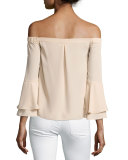Arabelle Off-the-Shoulder Tiered Bell-Sleeve Top, Beige