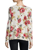 Eloisa Rose-Print Crewneck Cashmere Sweater, Chalk