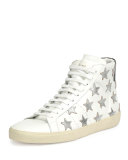 Leather High-Top Sneaker with Metallic Stars, White
