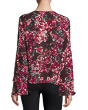 Roesia Floral-Print V-Neck Silk Blouse, Rosy Bluebonnet