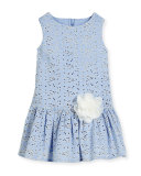 Linda Sleeveless Smocked Floral Chambray Dress, Blue, Size 10-12