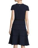 Tweed Short-Sleeve A-line Dress, Navy/Black