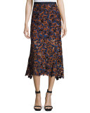 Bibi Guipure Lace Midi Skirt, Navy/Orange