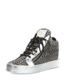 Men's Textured Metallic Leather Mid-Top Sneaker, Black/Silver