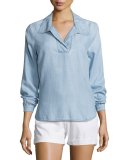 Tie-Back Collared Denim Blouse, Rowan
