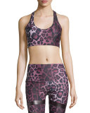 Wrap T-Back Strappy Sports Bra, Purple Cheetah