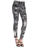 Side-Zip Printed Slim Pants, Black Multi