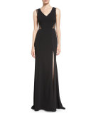 Sleeveless Lace-Inset Column Gown, Black