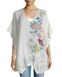 Boho Floral-Print Poncho W/Eyelet Trim