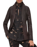 Shiny Suede Elongated-Lapel Jacket, Date