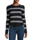 Long-Sleeve Striped Mixed-Media Top, Navy/White