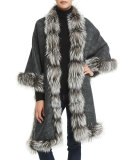 Cashmere Reversible Fox Fur-Trim Cape, Gray/Brown