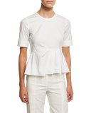 Short-Sleeve Stretch Poplin Peplum Top, White