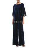 Velour Wide-Leg Pants, Navy