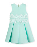 Sleeveless Pleated Lace-Trim Mesh Neoprene Dress, Aqua Blue, Size 4-10