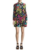 Corozone Long-Sleeve Floral Silk Shift Dress, Blue