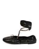 Rockstud Ballet Chain Ankle-Wrap Leather Flat, Nero