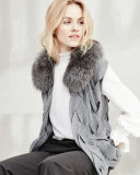 Evannah Braided Sweater w/ Fox Fur Collar, Gray Melange