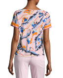 Printed Kimono-Sleeve Boat-Neck Top, Pink/Multi