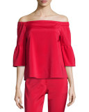 Stretch Faille Boxy Off-the-Shoulder Top, Cadmium Red