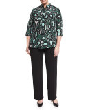 Bavarese 3/4-Sleeve Printed Silk Blouse, Plus Size 