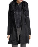 Hooded Ribbed-Trim A-Line Jacket, Black