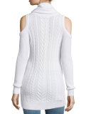 Cotton Cable-Knit Cold-Shoulder Sweater, Swan