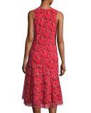 Sleeveless Knee-Length Printed Silk Dress, Red