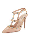 Rockstud Cabochon Leather 100mm Pump, Soft Noisette/Turquoise