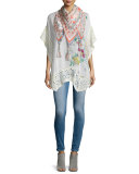 Boho Floral-Print Poncho W/Eyelet Trim