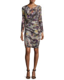 Long-Sleeve Round-Neck Floral-Print Dress, Multi