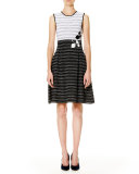 Leaf-Embroidered Sleeveless Fit-&-Flare Dress, White/Black