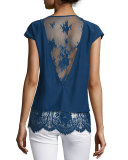 Marilena Cap-Sleeve Lace-Hem Top, Stealth