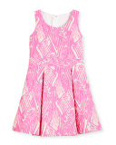 Pleated Jacquard Fit-and-Flare Dress, Pink, Size 8-14