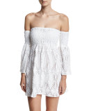 Floral Crochet Off-the-Shoulder Smocked Coverup Mini Dress, White