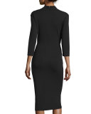 3/4-Sleeve Twist-Front Dress, Black