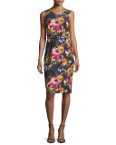 Sleeveless Floral Stretch Crepe Midi Dress, Black/Pink/Orange