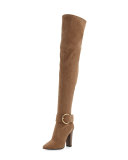 Stretch-Suede Buckle Over-the-Knee Boot, Caramel