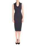 Pinstripe Ruffled-Trim Sheath Dress, Navy