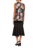 Floral-Brocade Trapeze Sleeveless Blouse, Multi