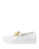 Leather Slip-On Sneaker with Golden Medusa Head, White