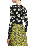 Embellished Floral-Print Pullover, Black/White/Yellow