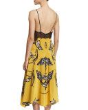 Sleeveless Feather-Print Dress W/Lace, Yellow