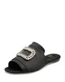 Strass-Buckle Satin Slide Sandal, Black