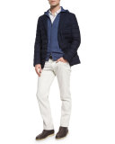 Hooded Full-Zip Bomber Sweater, Blue
