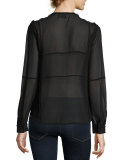 Windowpane Long-Sleeve Silk Chiffon Shirt, Black